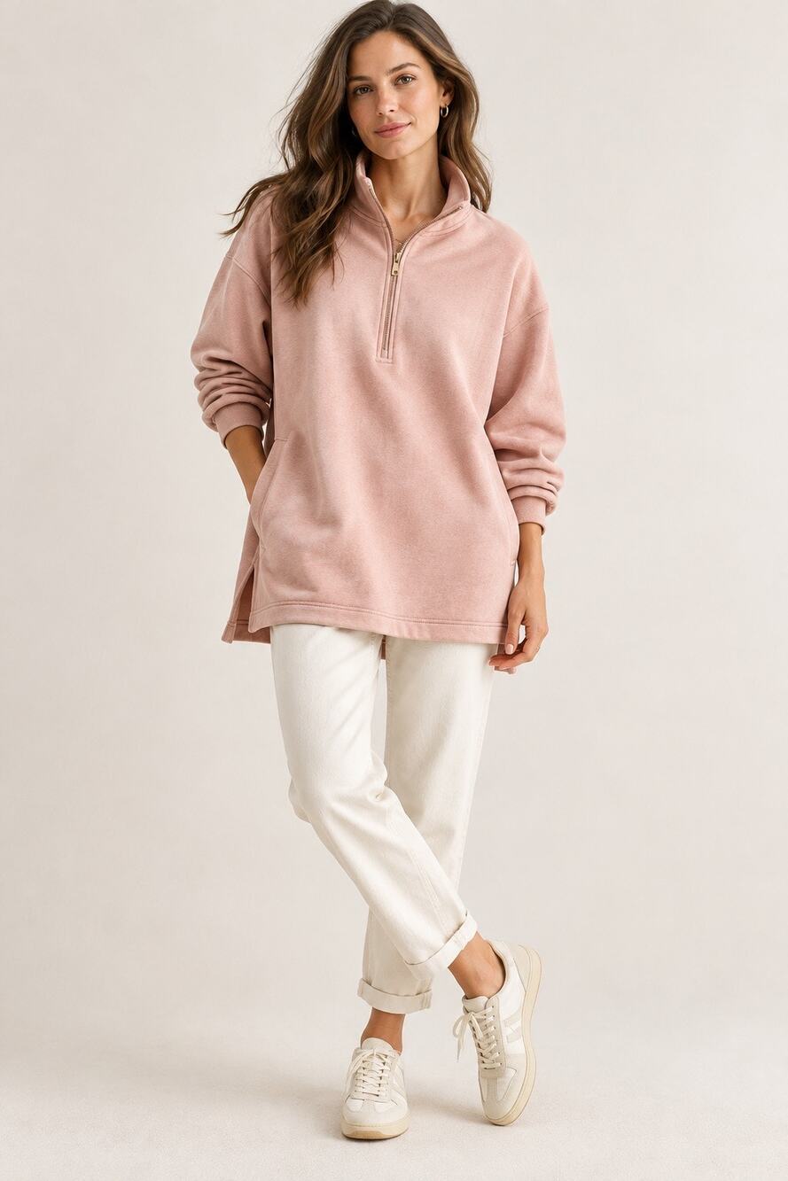 J. Crew University Terry Long Half-Zip Tunic Sweatshirt – Blush Pink – Size XL